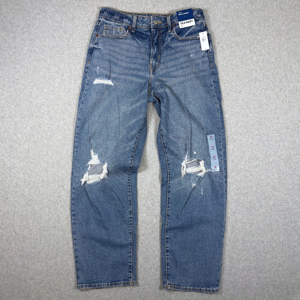 Old Navy OG Loose High Rise Distressed Straight Leg Jeans Blue Size 10 NEW